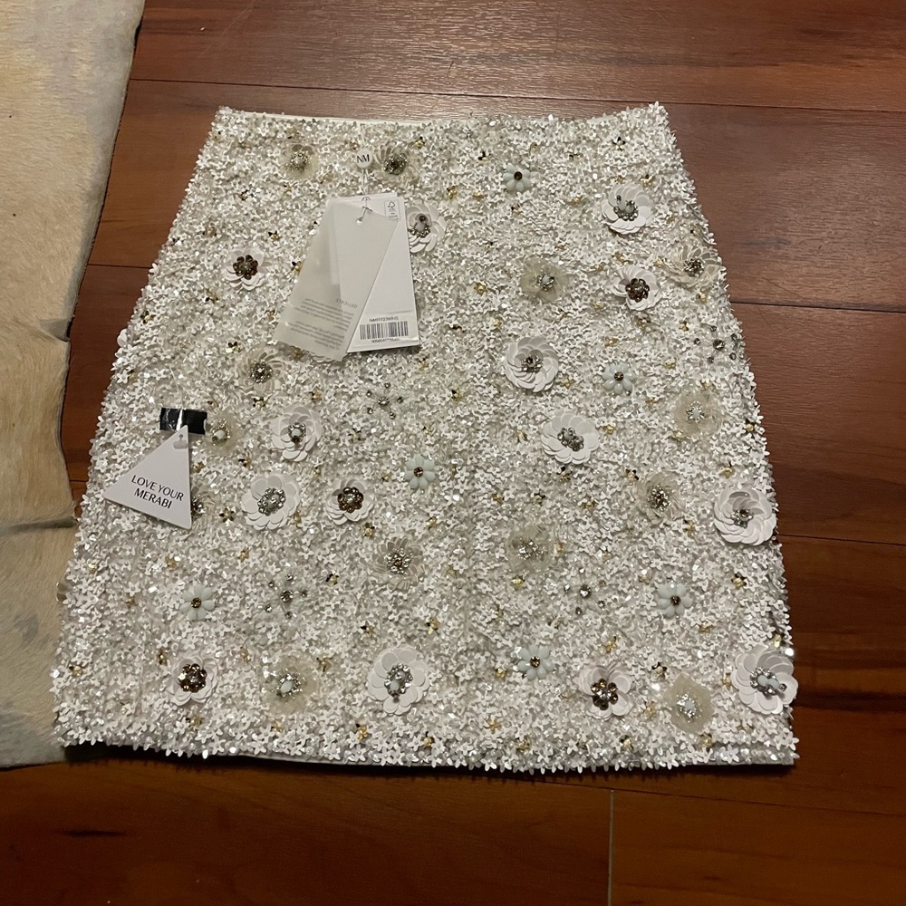 NADINE MERABI White Floral Embellished Mini Skirt